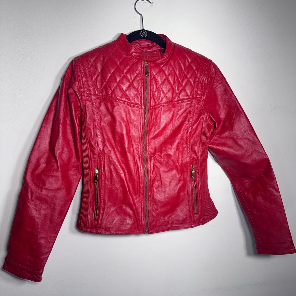 Shebang Women's Red Leather Jacket Vintage Style And Lined Real Leather Size S